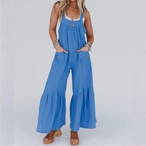 NEW Ces Femme Blue Boho
Ruffle Wide Leg Tie Back Gauze Jumpsuit Jumper